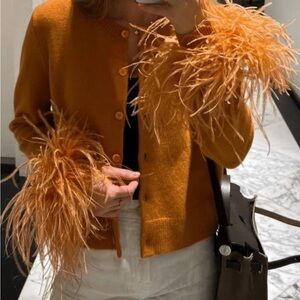 Orange Feather Trim Cardigan